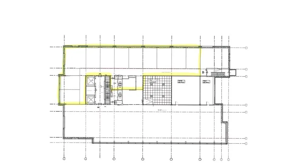 Bouwtekening van een verdieping aan de Fascinatio Boulevard met gemarkeerde zones in geel.